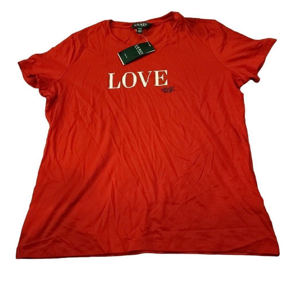 Lauren Ralph Lauren Womens Red Short Sleeve Round Neck Pullover Love T Shirt PL